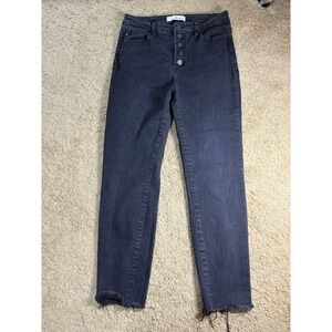 Kancan Hi-Rise Button Up Jeans Women 11/29 Black Raw Hem Straight Leg Preppy